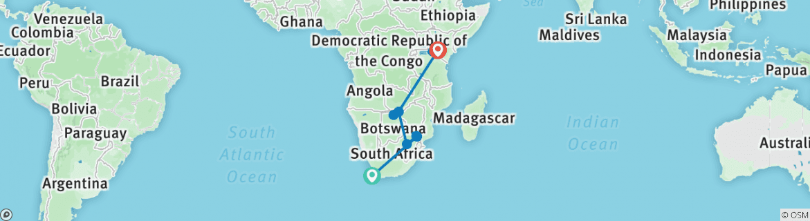 Image of a map showing the route of the tour
