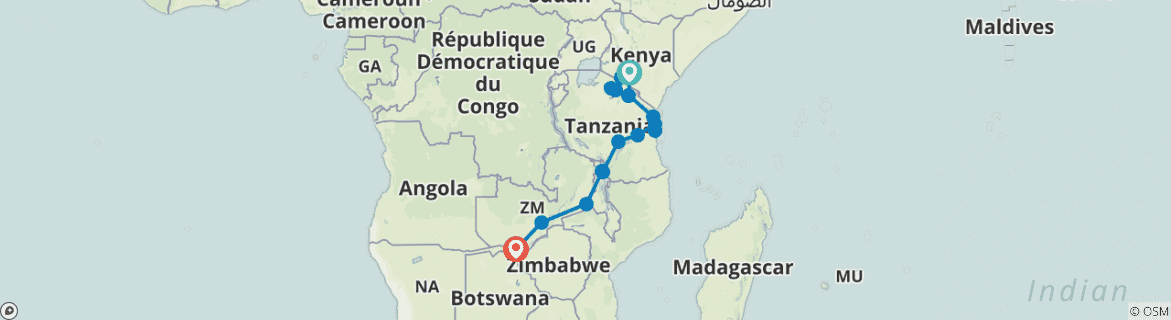 Image of a map showing the route of the tour