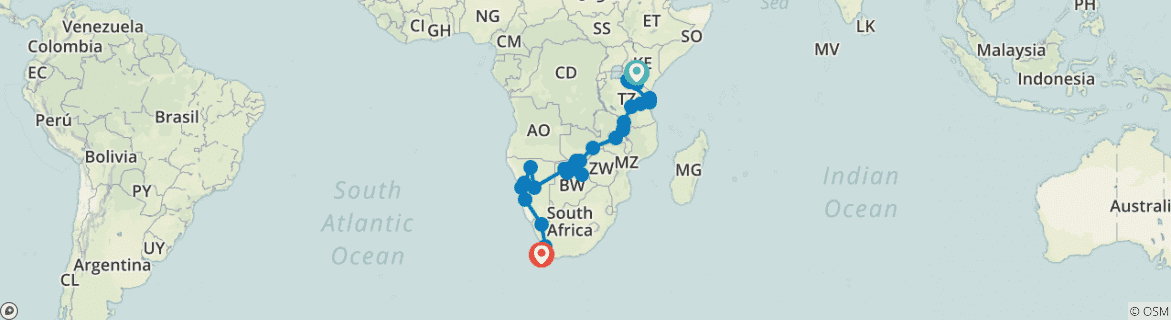 Image of a map showing the route of the tour