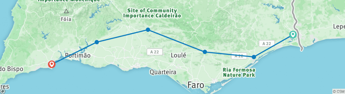 Image of a map showing the route of the tour