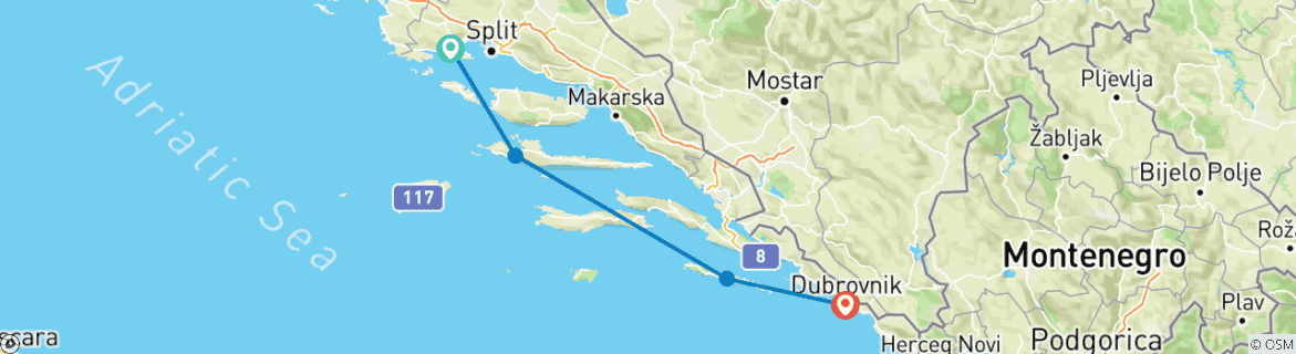 Image of a map showing the route of the tour