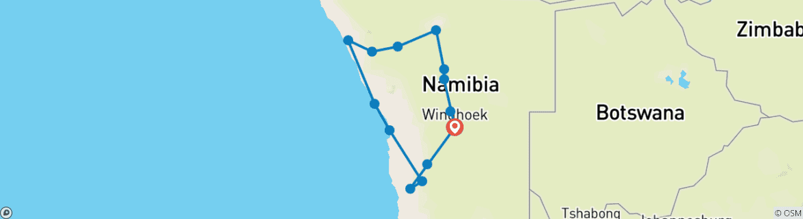 Image of a map showing the route of the tour
