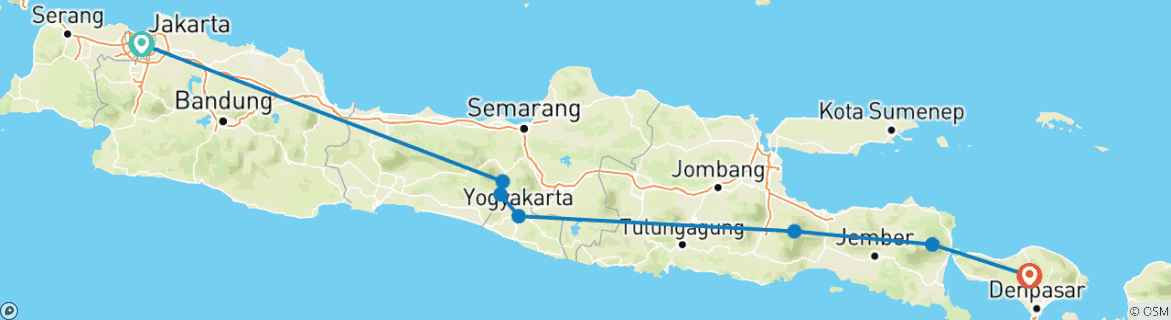 Image of a map showing the route of the tour
