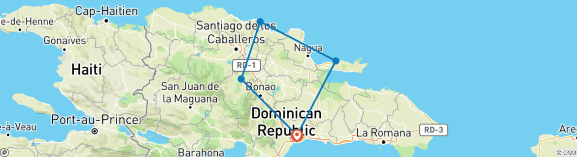Image of a map showing the route of the tour