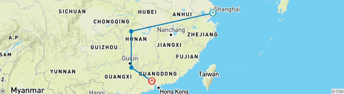 Image of a map showing the route of the tour
