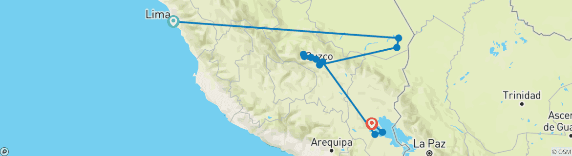 Image of a map showing the route of the tour