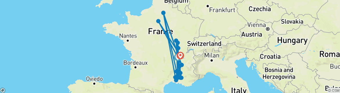 Image of a map showing the route of the tour