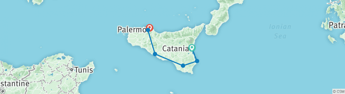 Image of a map showing the route of the tour