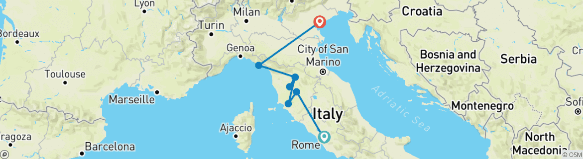 Image of a map showing the route of the tour