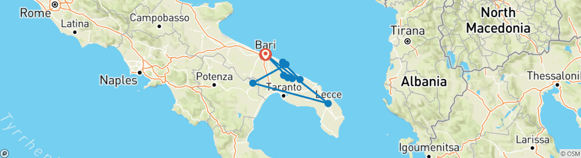 Image of a map showing the route of the tour
