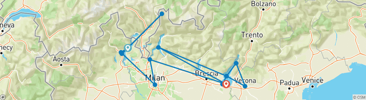 Image of a map showing the route of the tour