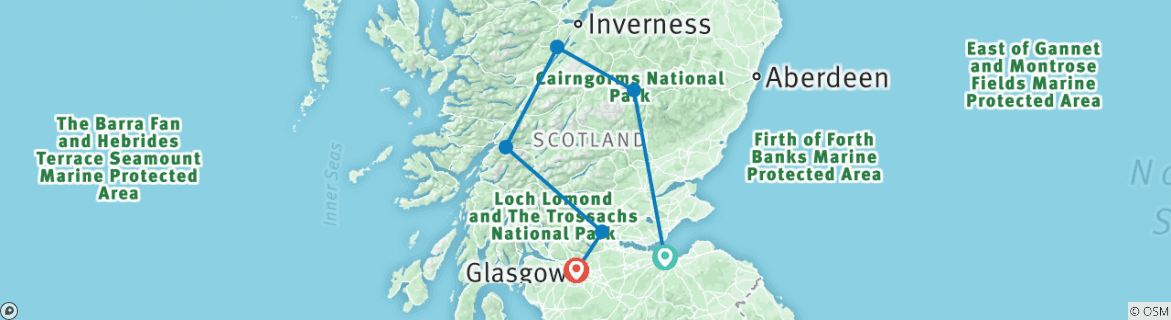 Image of a map showing the route of the tour