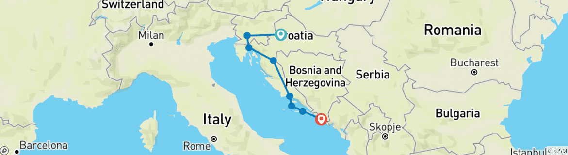 Image of a map showing the route of the tour
