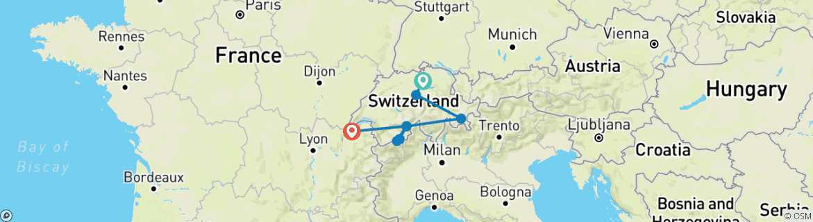 Image of a map showing the route of the tour