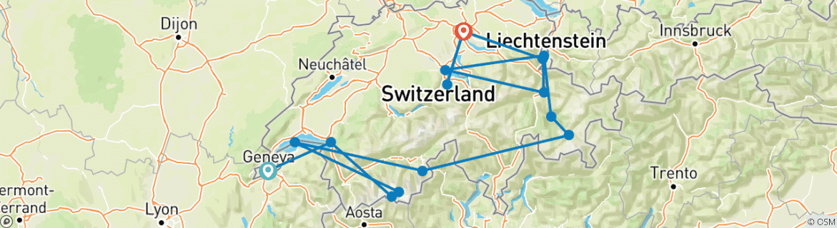 Image of a map showing the route of the tour