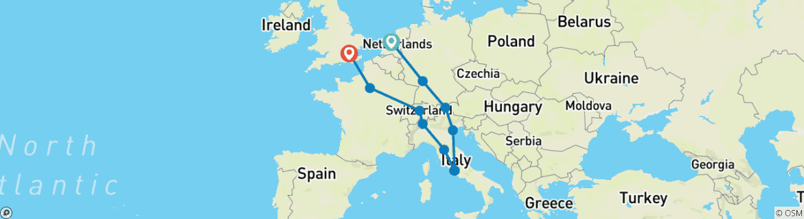 Image of a map showing the route of the tour