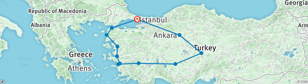 Image of a map showing the route of the tour