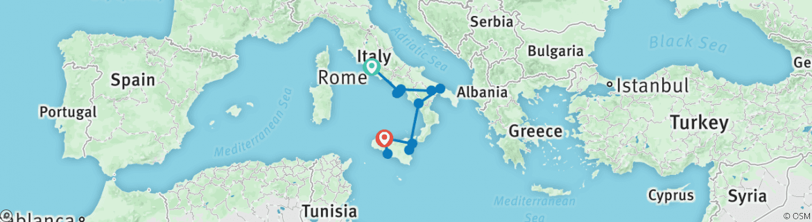 Image of a map showing the route of the tour