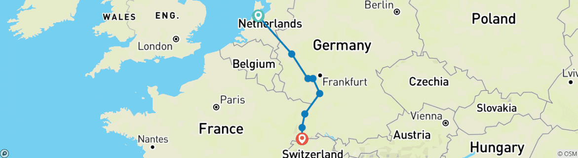 Image of a map showing the route of the tour