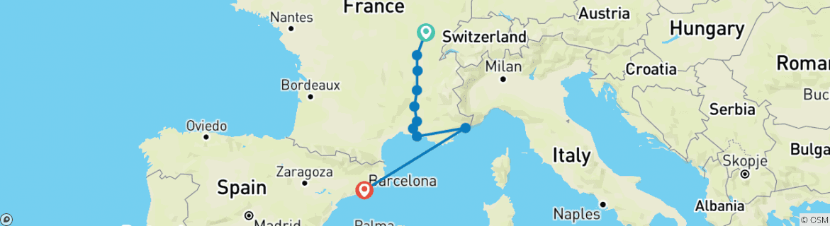 Image of a map showing the route of the tour