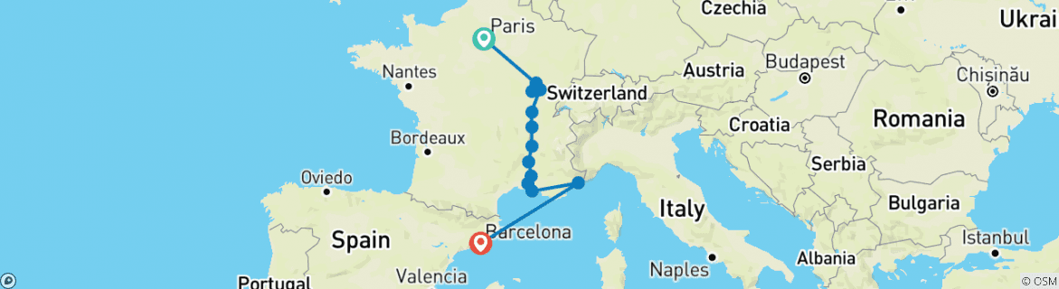 Image of a map showing the route of the tour