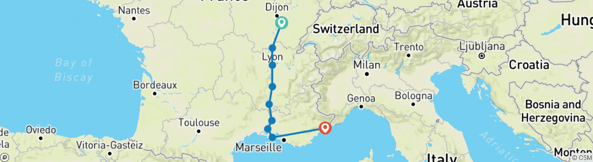 Image of a map showing the route of the tour