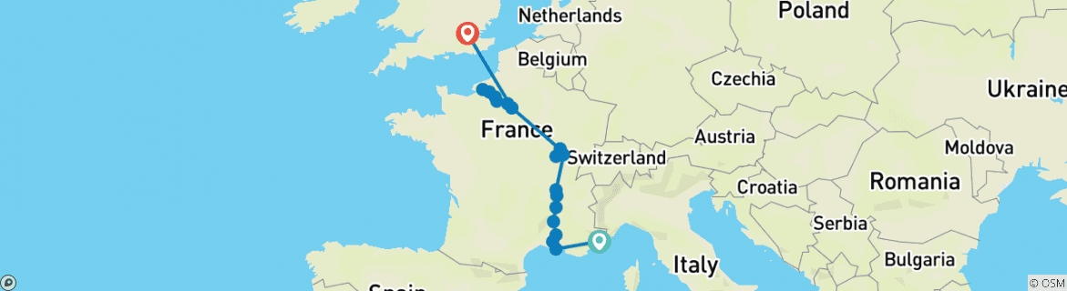 Image of a map showing the route of the tour