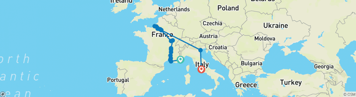 Image of a map showing the route of the tour