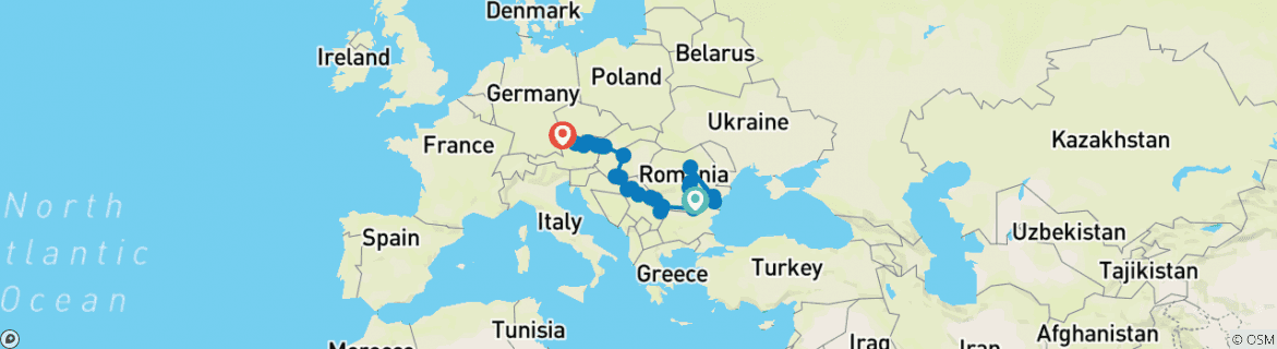 Image of a map showing the route of the tour