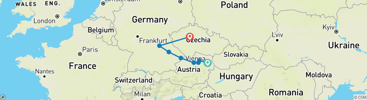 Image of a map showing the route of the tour