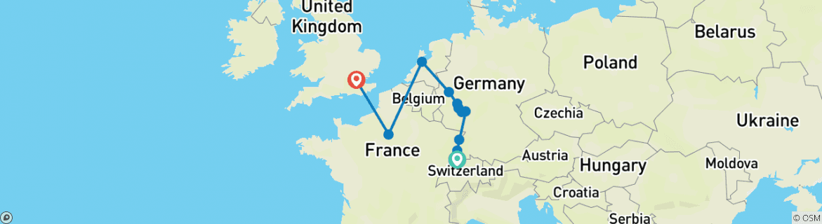 Image of a map showing the route of the tour