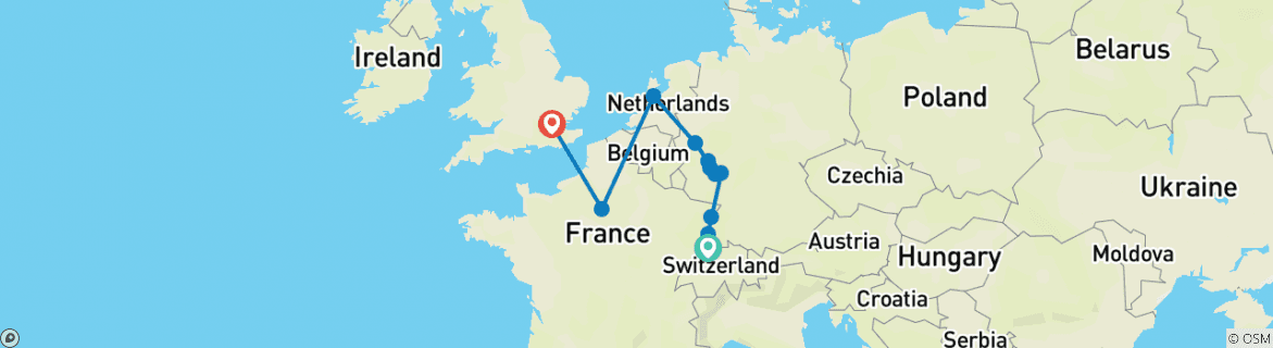 Image of a map showing the route of the tour