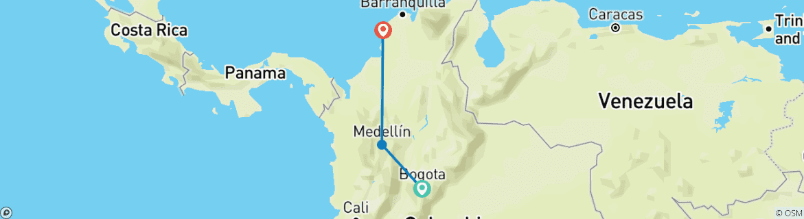 Image of a map showing the route of the tour