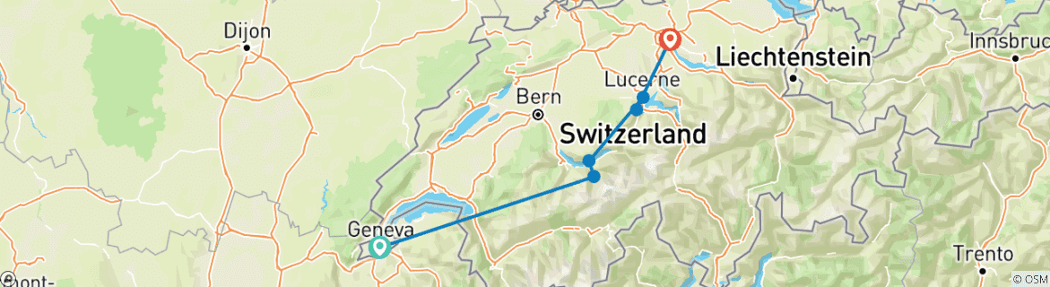 Image of a map showing the route of the tour