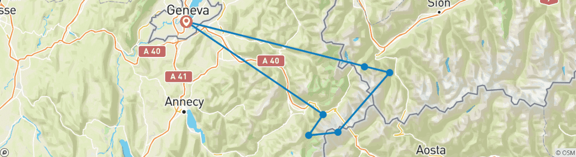 Image of a map showing the route of the tour