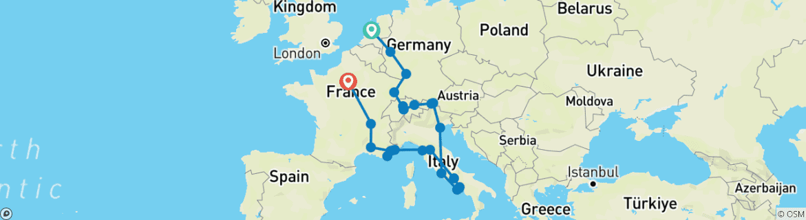 Image of a map showing the route of the tour