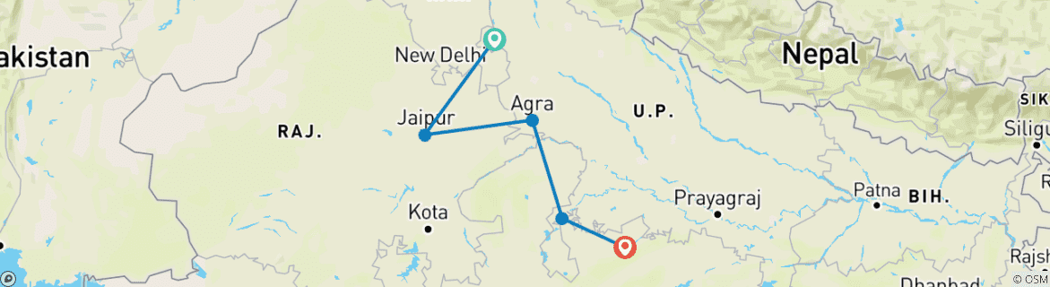 Image of a map showing the route of the tour