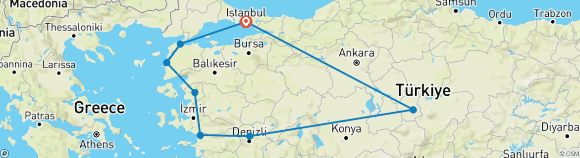 Image of a map showing the route of the tour