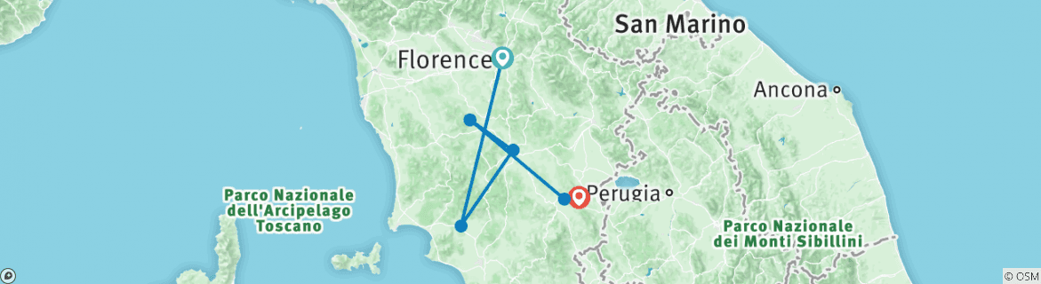 Image of a map showing the route of the tour