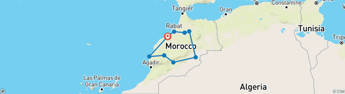 Image of a map showing the route of the tour