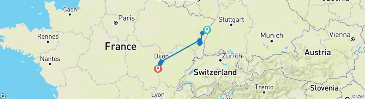 Image of a map showing the route of the tour