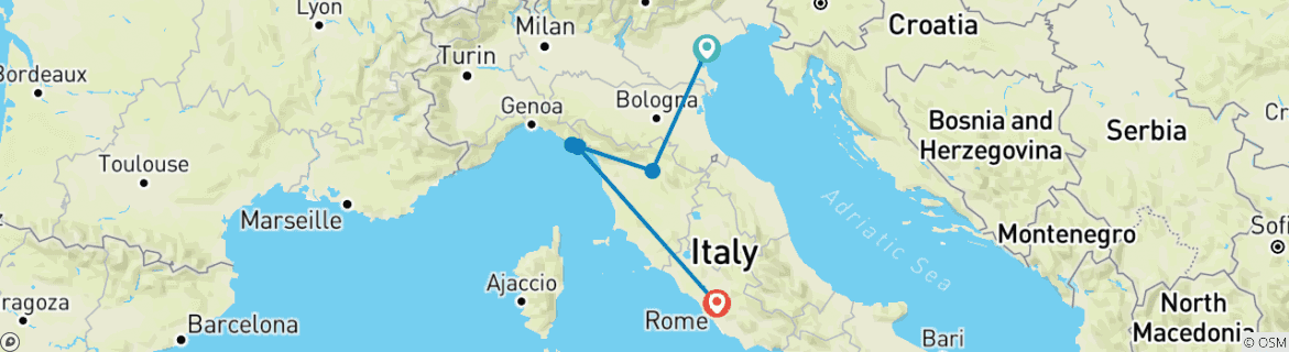 Image of a map showing the route of the tour