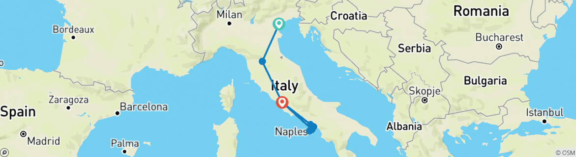 Image of a map showing the route of the tour