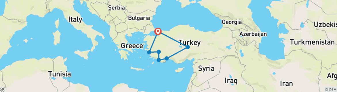 Image of a map showing the route of the tour