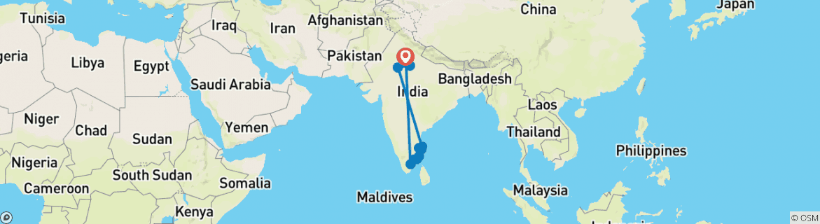 Image of a map showing the route of the tour