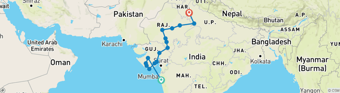 Foto van een kaart met de route van de rondreis