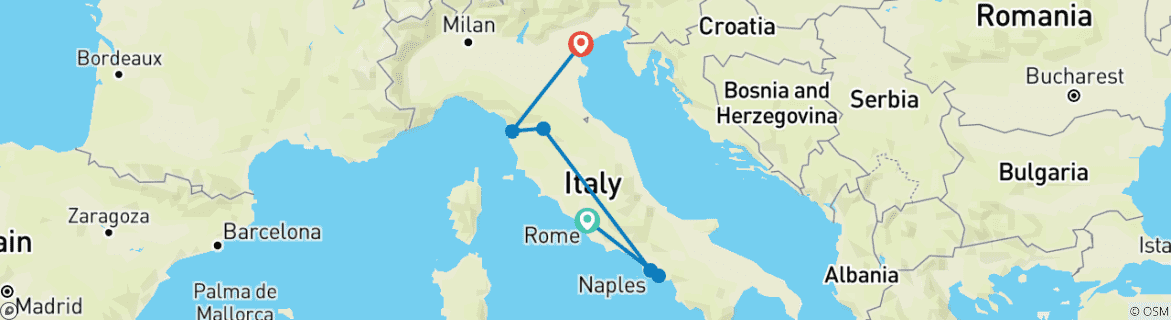 Image of a map showing the route of the tour
