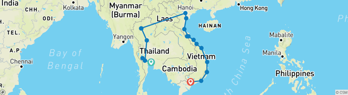 Image of a map showing the route of the tour