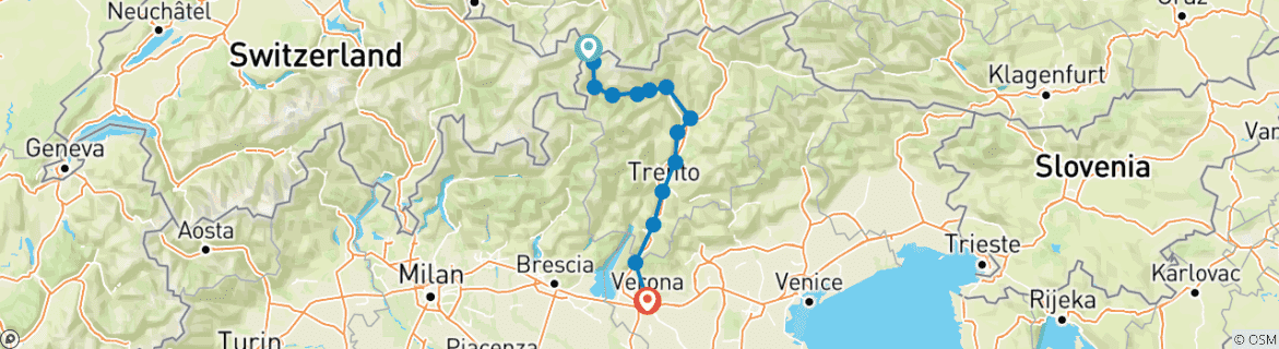 Image of a map showing the route of the tour