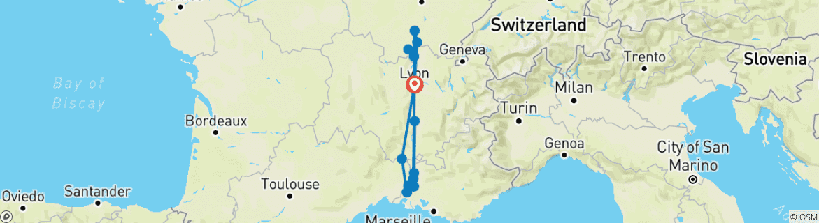 Image of a map showing the route of the tour